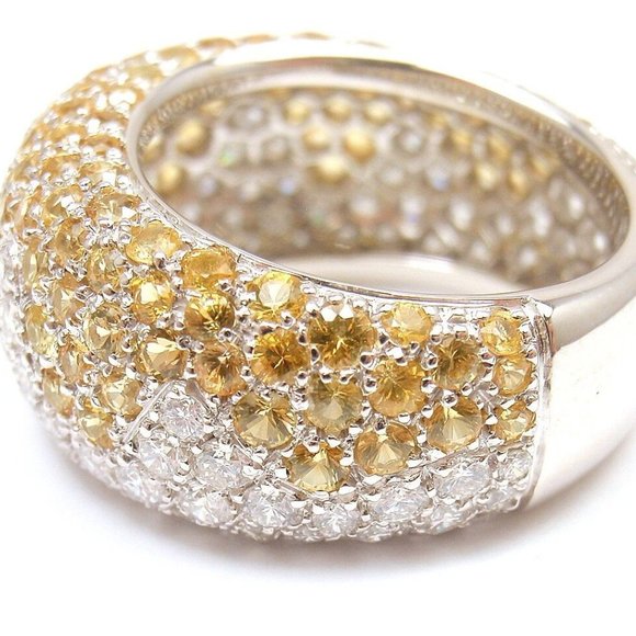 Authentic! Chopard 18k White Gold Yellow Sapphire Diamond Wave Wide Band Ring - Picture 9 of 12